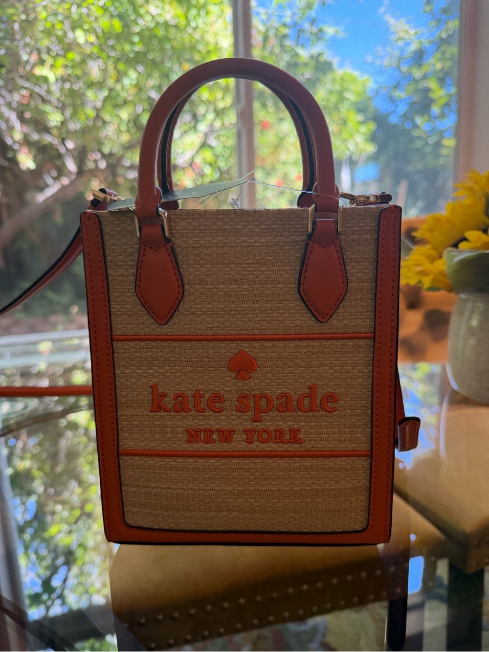 kate spade Natural Raffia Mini Tote with Orange Trim and Logo